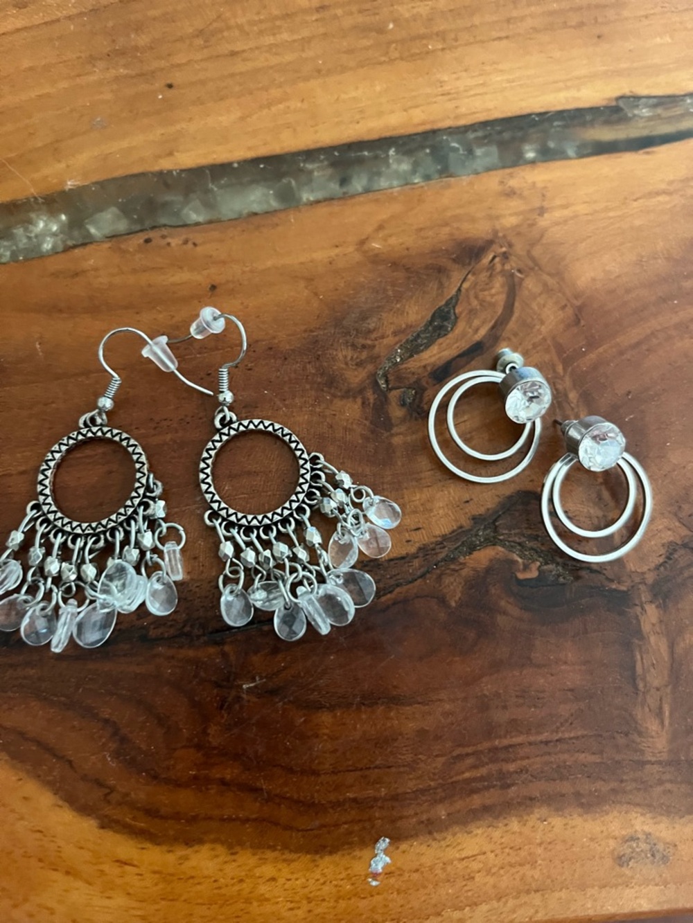 Silver-Tone Hoop Dangle Earrings with Clear Bead Accents - Women Jewelry